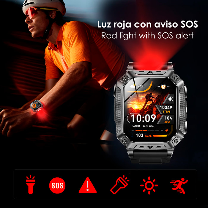 Smartwatch QS86. Con llamadas BT, batería de larga duración, modos de salud y deporte. Linterna y luz roja con aviso SOS sonoro.