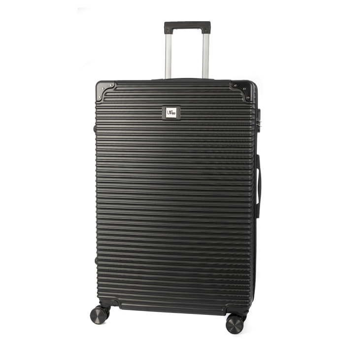 DAM Valigia grande capacità trolley rigida ultraleggera, in ABS ad alta resistenza con angoli rinforzati. Chiusura numerica e 4 ruote doppie estraibili e girevoli a 360°. 54x32x80 Cm. Colore: Nero