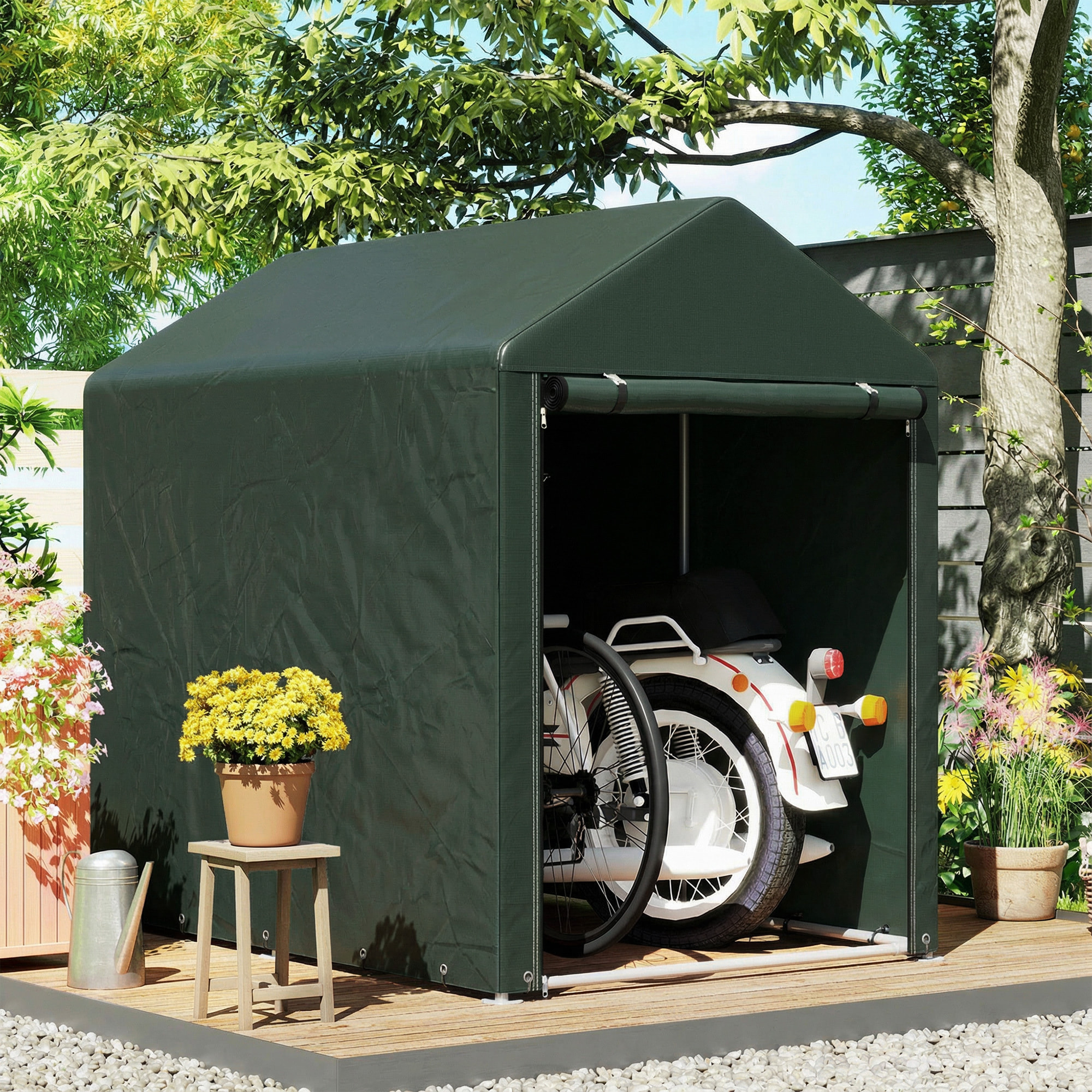 Carpa de Jardín Exterior para Herramientas Bicicletas 1,2x1,8x1,65 m, Cobertizo Exterior con 2 Habitaciones, Puerta Enrollable con Cremallera, Impermeable Anti-UV, Garaje Portátil, Verde