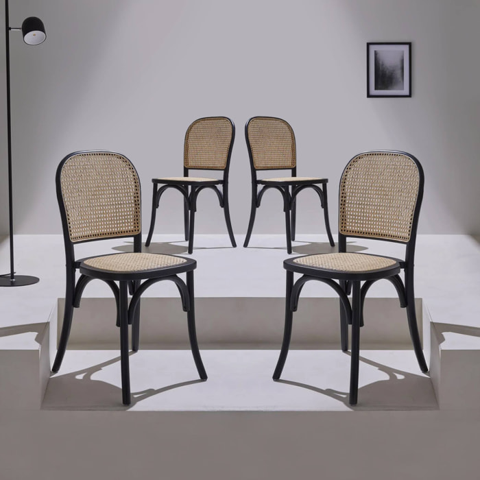 Lot de 4 chaises vintage en bois d'hévéa avec assise et dossier en rotin. coloris noir. L 44.5 x P 48 x H 89.5cm