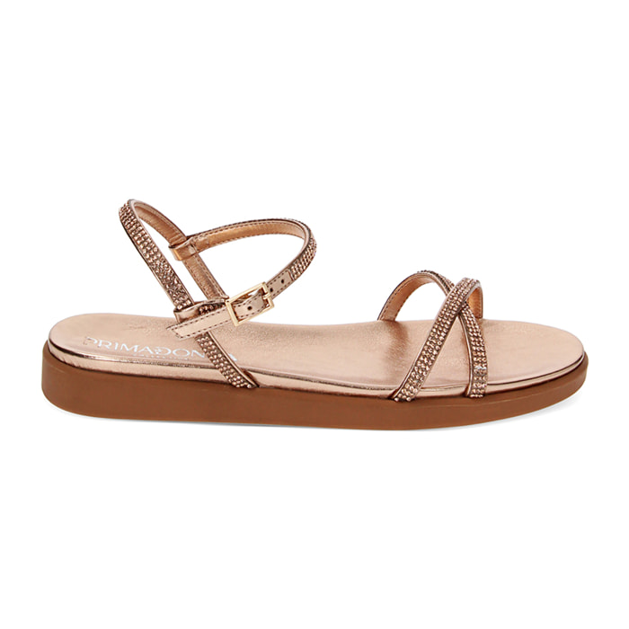 Sandalias bajas rosa-oro en laminado con piedras