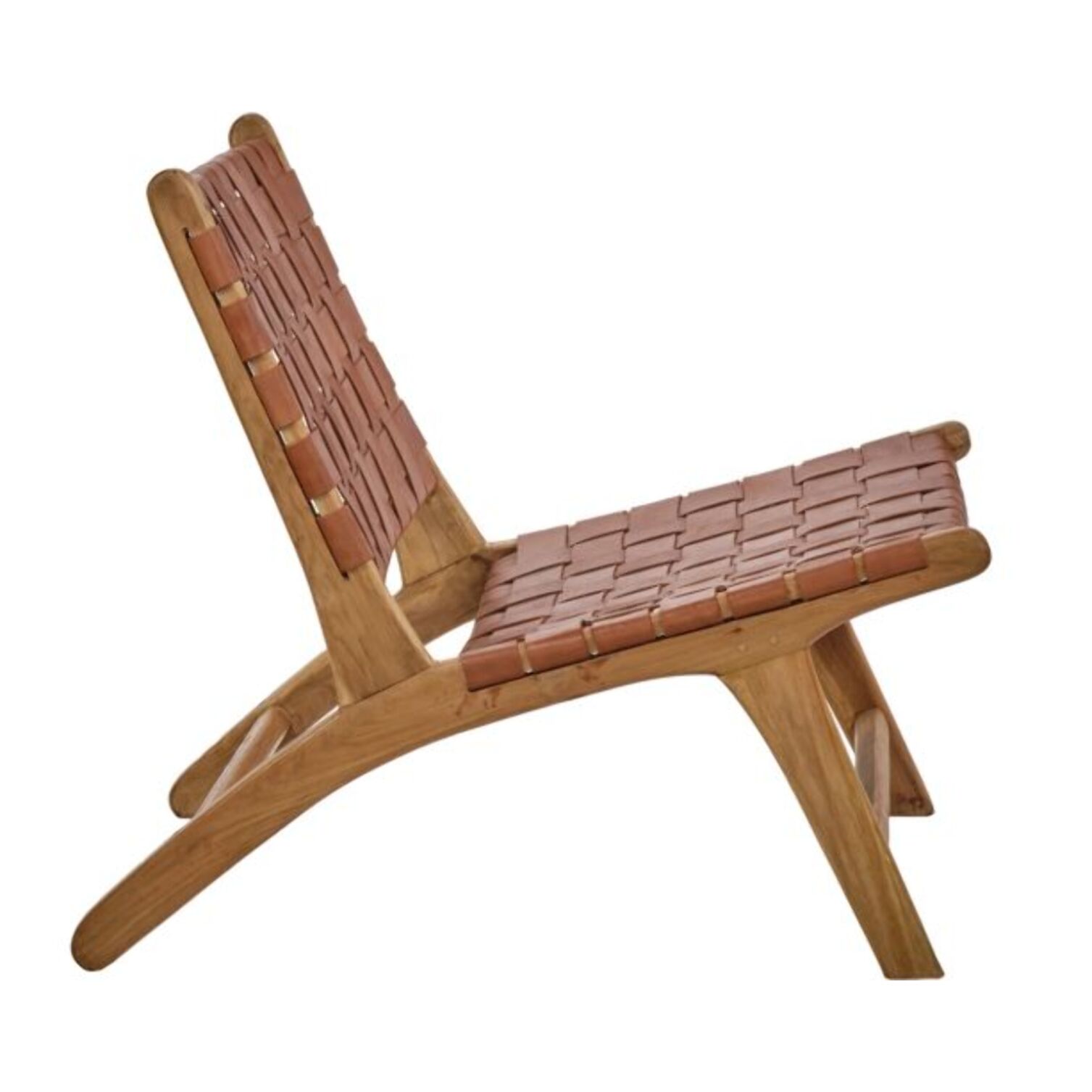 Chaise relax lounge en bois de teck et sangles croisées en cuir - PIOU