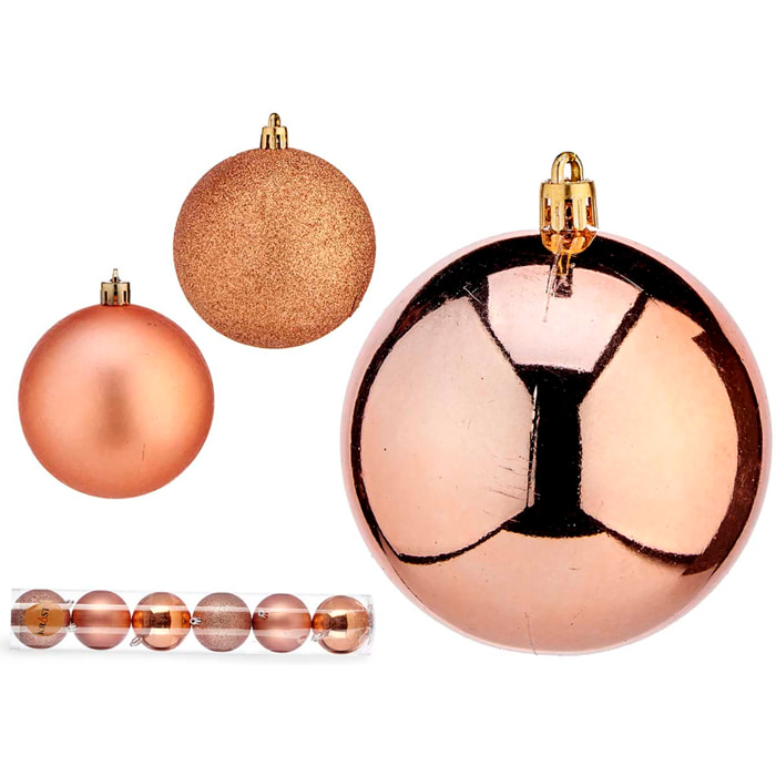 Set di 6 palline natalizie da 8 cm in colore rame, assortite in 3 design: lisce, lucide e con texture.