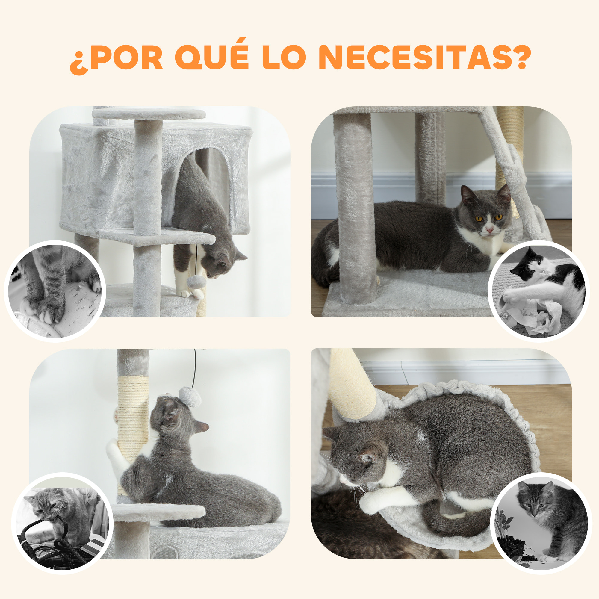 Árbol Rascador para Gatos, Árbol para Gatos 180 cm, Torre Escalador con Múltiples Plataformas, Cama, 2 Cuevas, Hamaca, Escalera, Postes de Sisal, Bolas para Jugar, Gris Claro