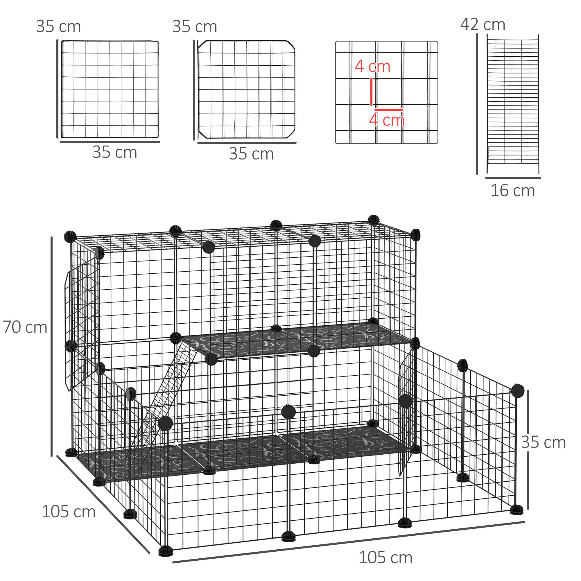 Cage parc enclos rongeurs modulable dim. L 105 x l 105 x H 70 cm 2 niveaux 2 portes rampe résine PP fil métallique noir