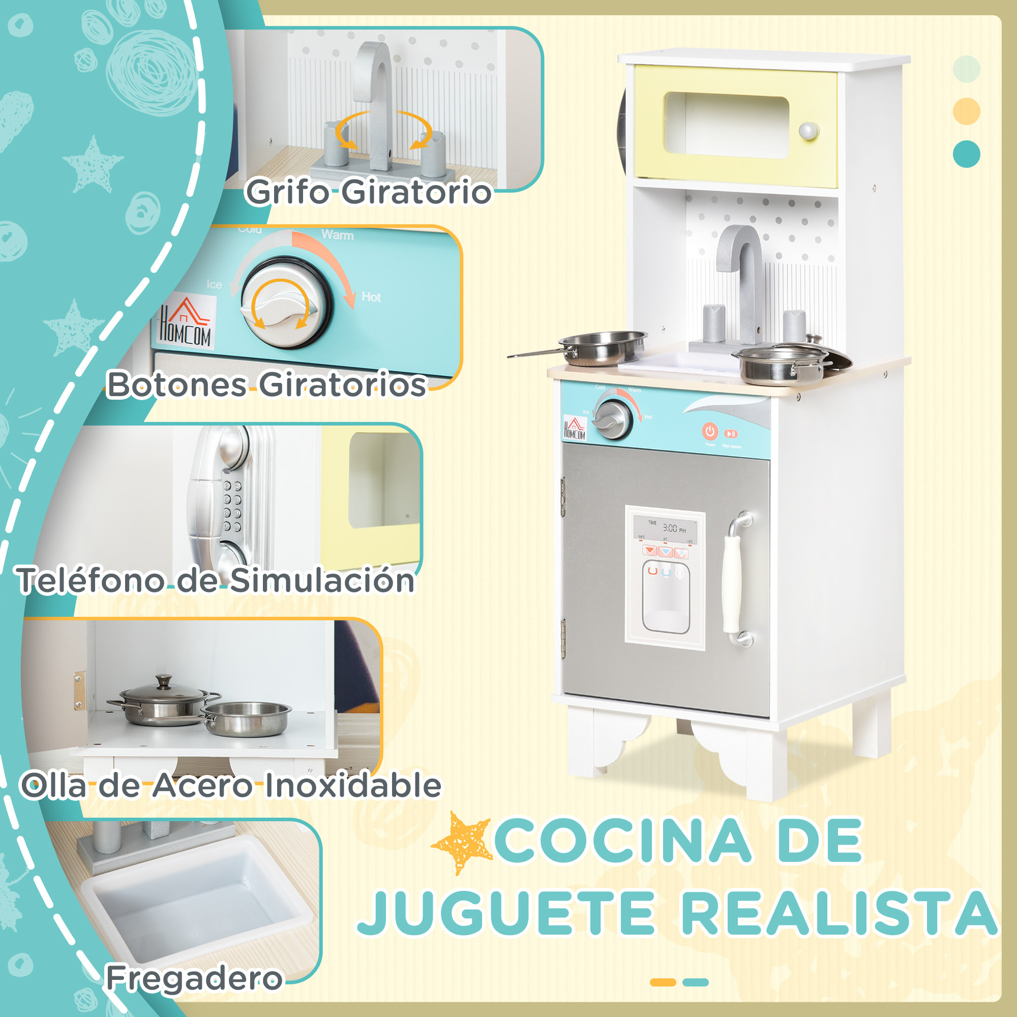 Cocina de Juguete Madera para Niños con Accesorios Teléfono Simulado 32x30x79 cm