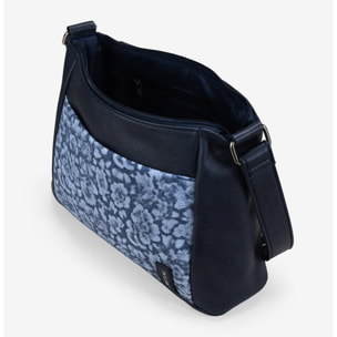 Bolso bandolera azul con bolsillo floral