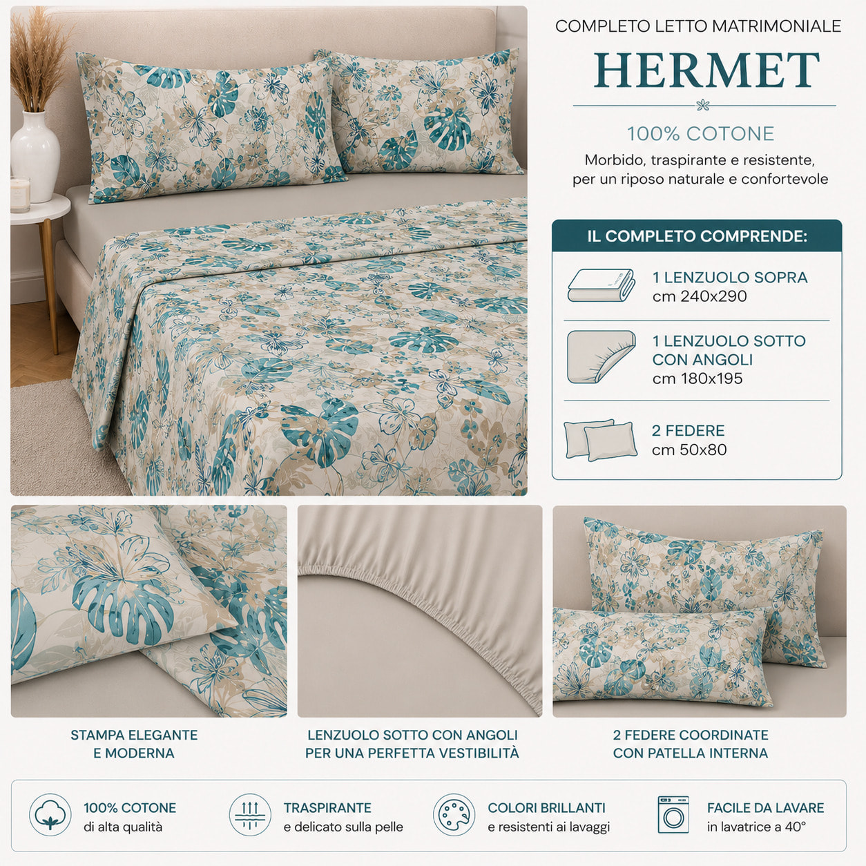 HERMET Completo Letto Matrimoniale Nives Turchese 100% Cotone 240x290 cm