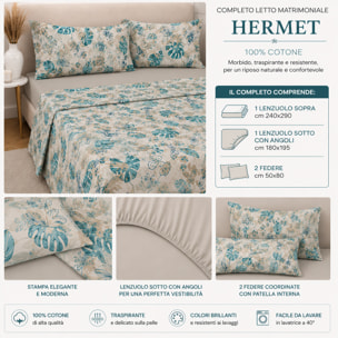 HERMET Completo Letto Matrimoniale Nives Turchese 100% Cotone 240x290 cm