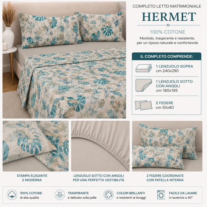 HERMET Completo Letto Matrimoniale Nives Turchese 100% Cotone 240x290 cm