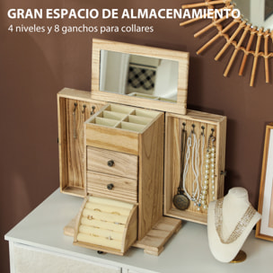 Caja Joyero de Madera de 4 Niveles Joyero Mujer Organizador Grande con 2 Cajones Espejo para Pendientes Anillos Collares Natural