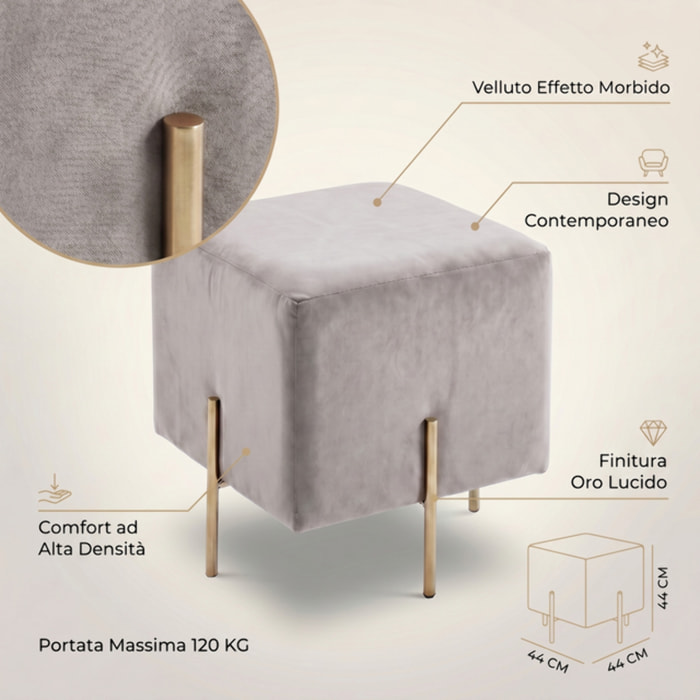 Pouf Quadrato in Velluto con Gambe in Acciaio Dorate, Seduta Imbottita Elegante dallo Stile Contemporaneo per Soggiorno, Camera da Letto e Ingresso