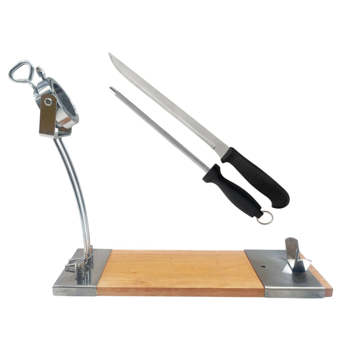 jamonero iberia luxe cabezal giratorio, en madera y acero inoxidable + set de cuchillo jamonero (25cm) y chaira (21cm)