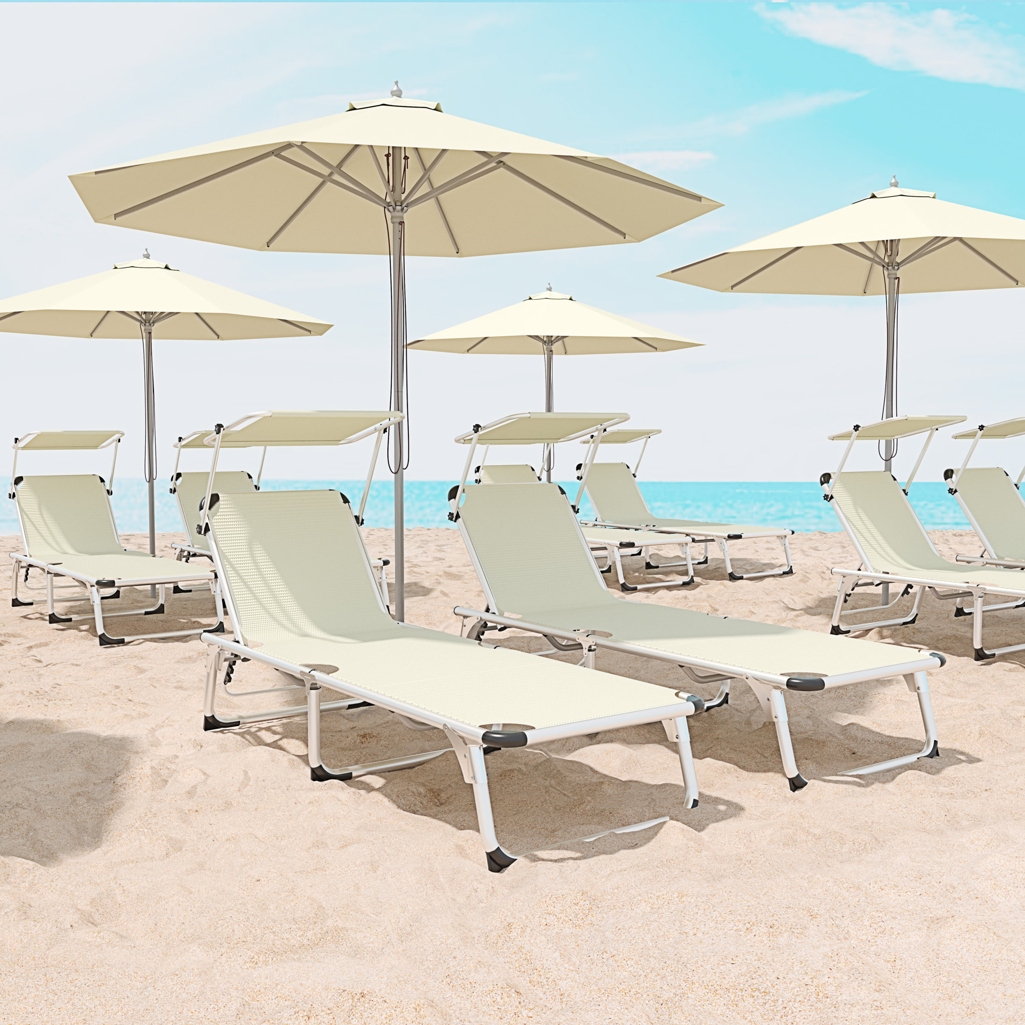 Coppia Di Lettini Pieghevoli Prendisole Tettuccio Parasole Schienale Regolabile In Alluminio Sdraio Spiaggia Mare Giardino Piscina 187x59x29 Cm Beige