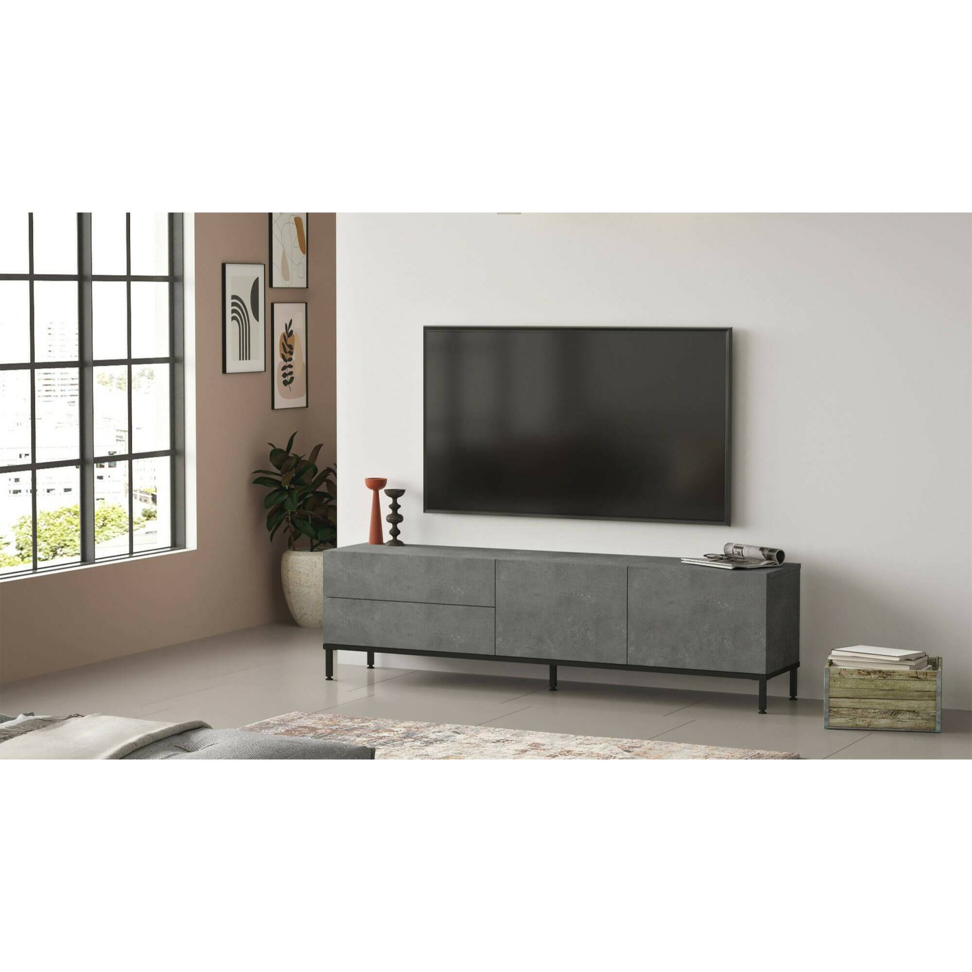 Mobile porta TV Basyang, Credenza da soggiorno, Armadio basso per TV, Base parete attrezzata, 170x36h46 cm, Argento e Nero