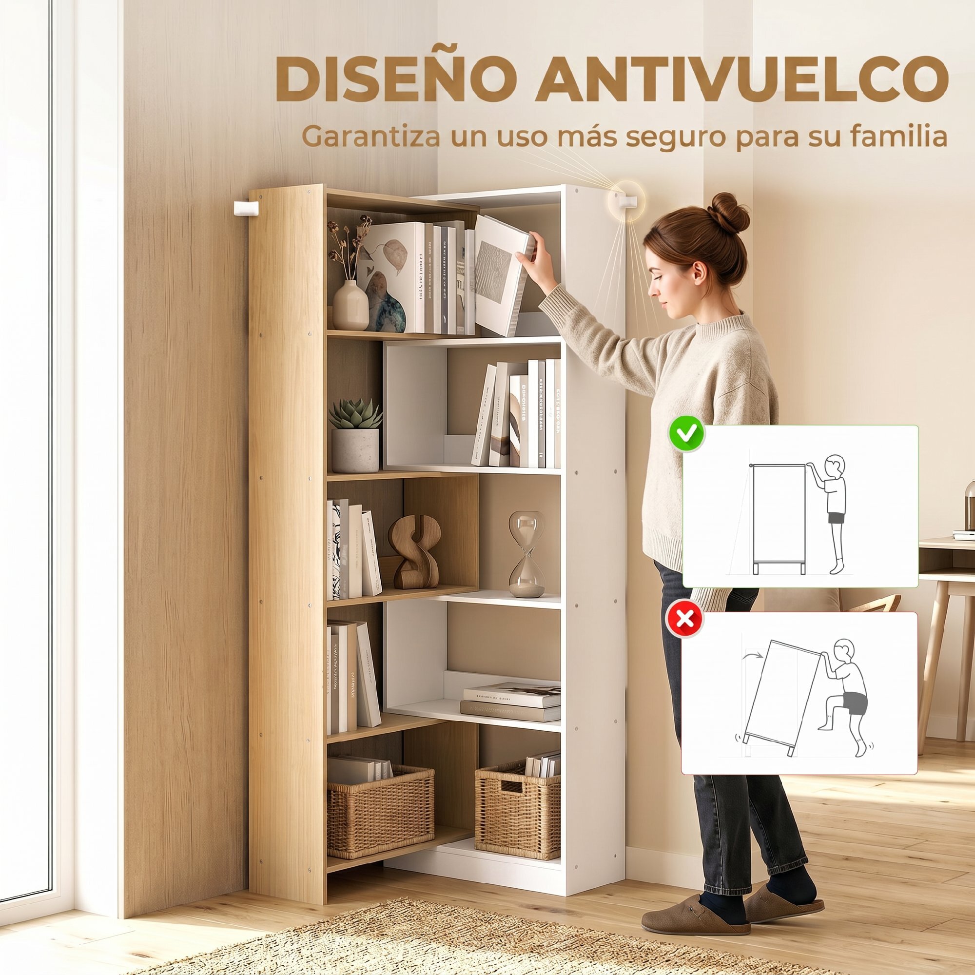 Estantería Expandible 5 Niveles, Librería para Libros Giratoria 350°, Ancho Ajustable, Convertible en en L, Recta o Compacta para Salón, Dormitorio, Estudio 111,5x23,8x163,7 cm Natural y Blanco