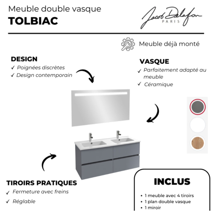 Meuble double vasque 120 cm Tolbiac gris anthracite + miroir led