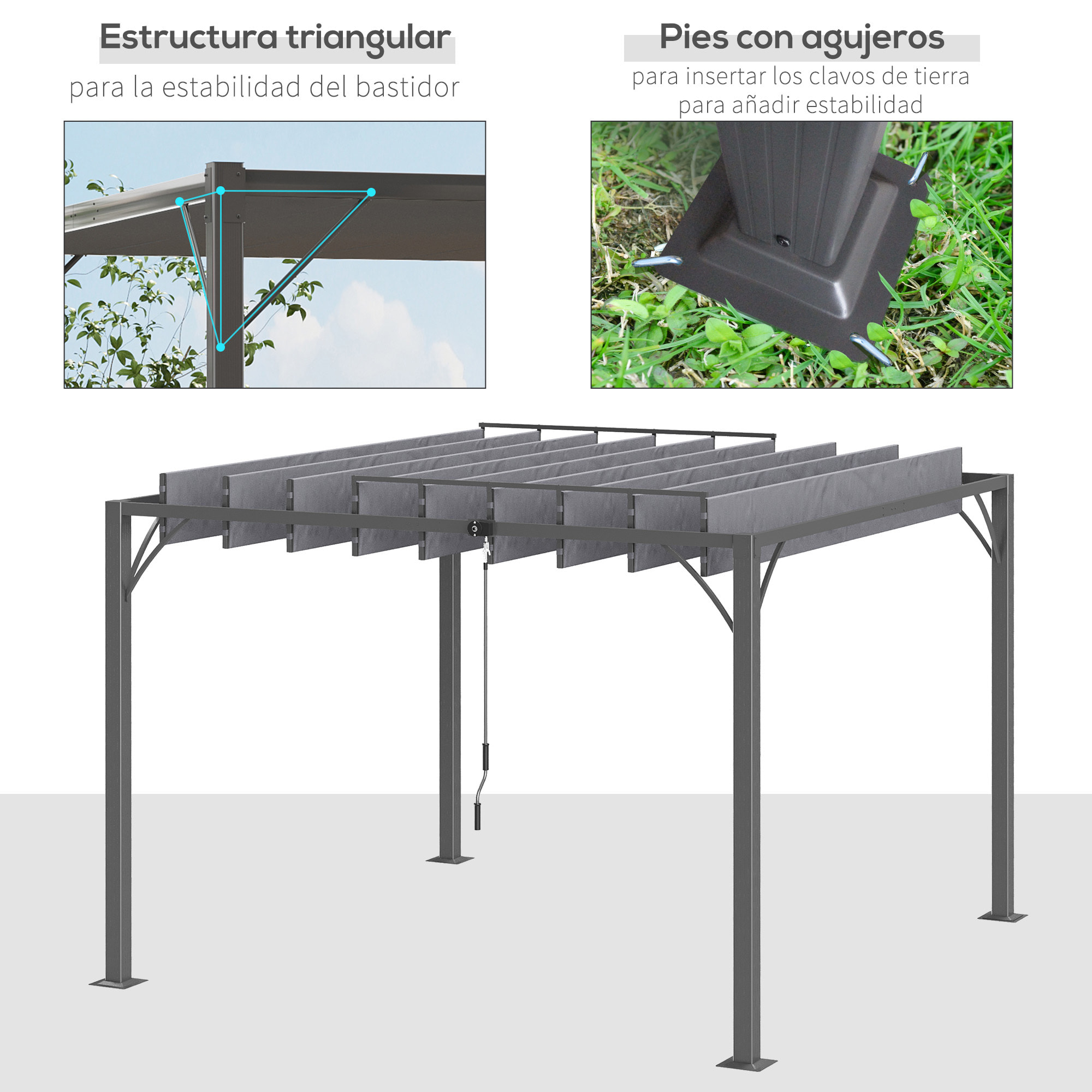 Cenador de Jardín 3x3 m Pérgola de Aluminio Gazebo con Diseño de Lamas Superior Giratorio hasta 135° y Protección UV 50+ Pabellón para Patio Terraza Balcón Gris