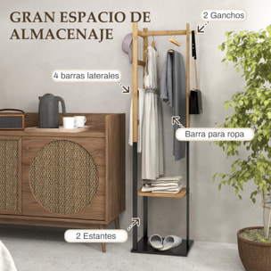 Perchero de Pie de Bambú, con 2 Estantes, 2 Ganchos, 5 Barras, Perchero de Entrada Recibidor con Estructura de Acero, para Colgar Ropa, en Pasillo, Sala de Estar, Dormitorio, Natural y Negro