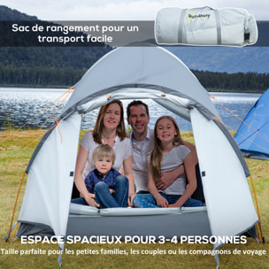 Tente de camping 3-4 personnes dim. 350L x 150l x 128xH cm - 3 portes, tapis sol, sac transport - alu. polyester gris