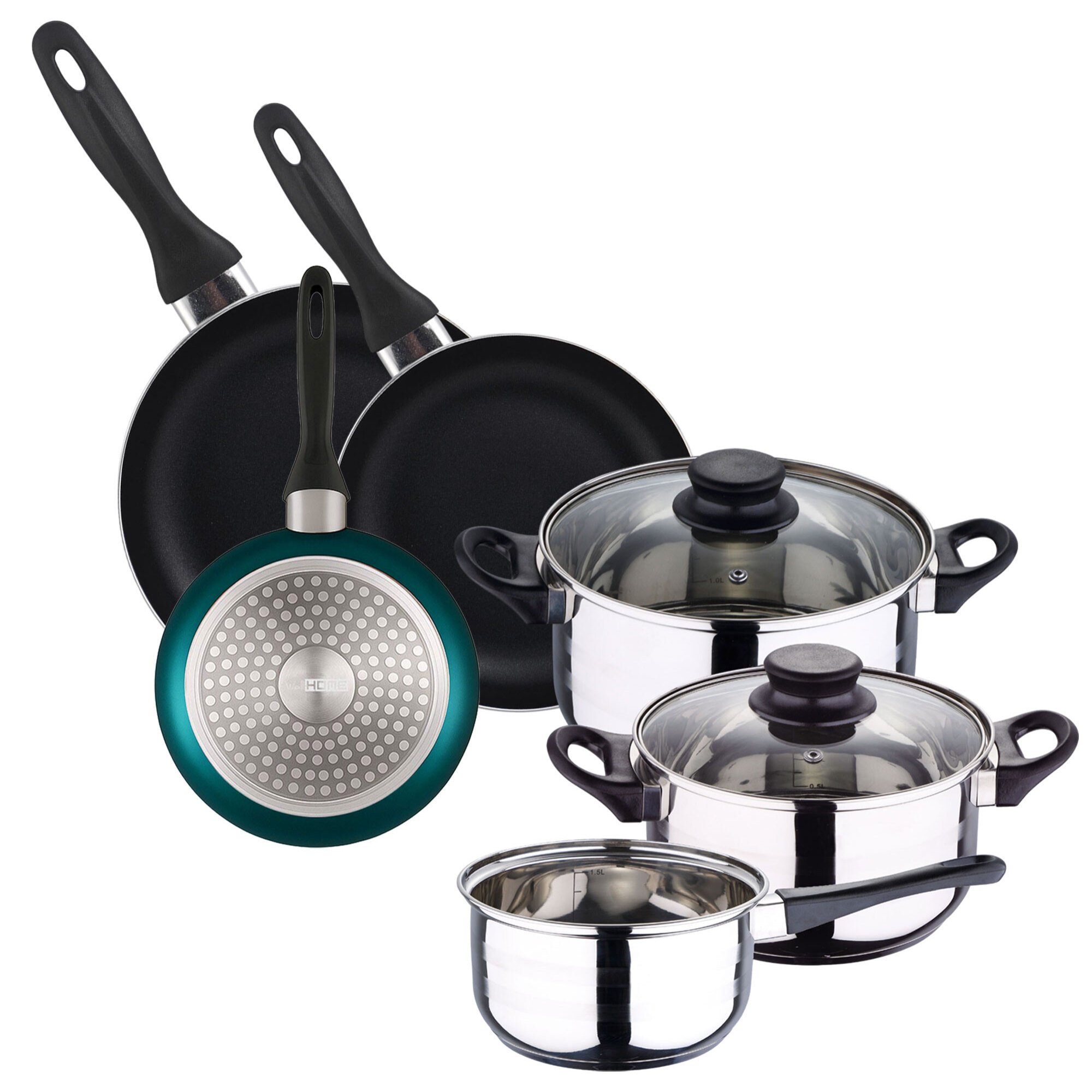 set de batería de cocina de 5pc en acero inoxidable + 3 sartenes ø16ø20ø24cm azul metalizado en aluminio prensado