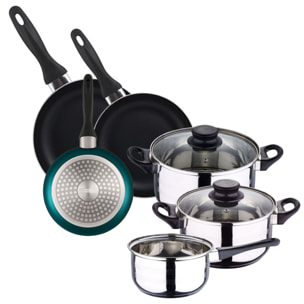set de batería de cocina de 5pc en acero inoxidable + 3 sartenes ø16ø20ø24cm azul metalizado en aluminio prensado