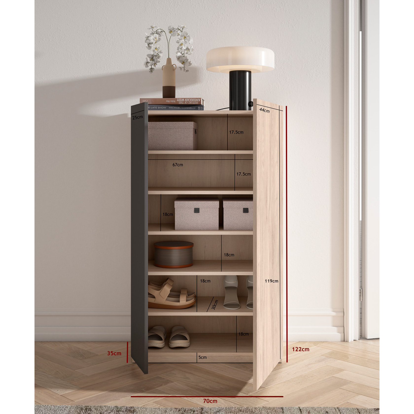 Zapatero Akra melamina roble claro puerta grafito 122x70x35 cm