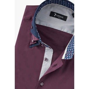 Camicia Uomo 2 Bottoni Button Down Triplo Collo Slim Satin Unito Viola Melanzana