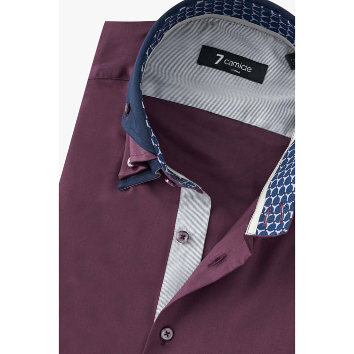 Camicia Uomo 2 Bottoni Button Down Triplo Collo Slim Satin Unito Viola Melanzana