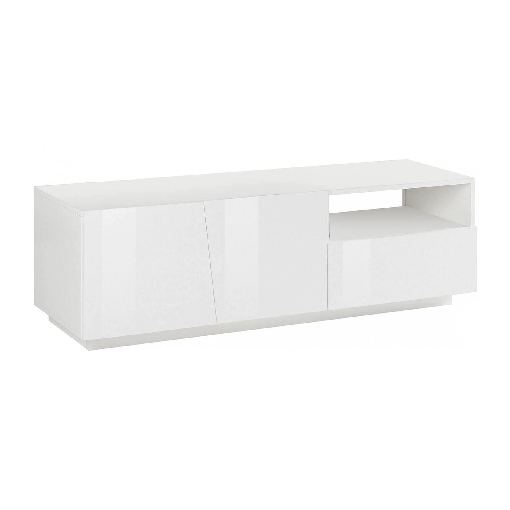 Mobile da soggiorno Porta TV, Made in Italy, Supporto per TV da salotto a 2 ante e 1 cassetto, cm 150x43h46, colore Bianco lucido