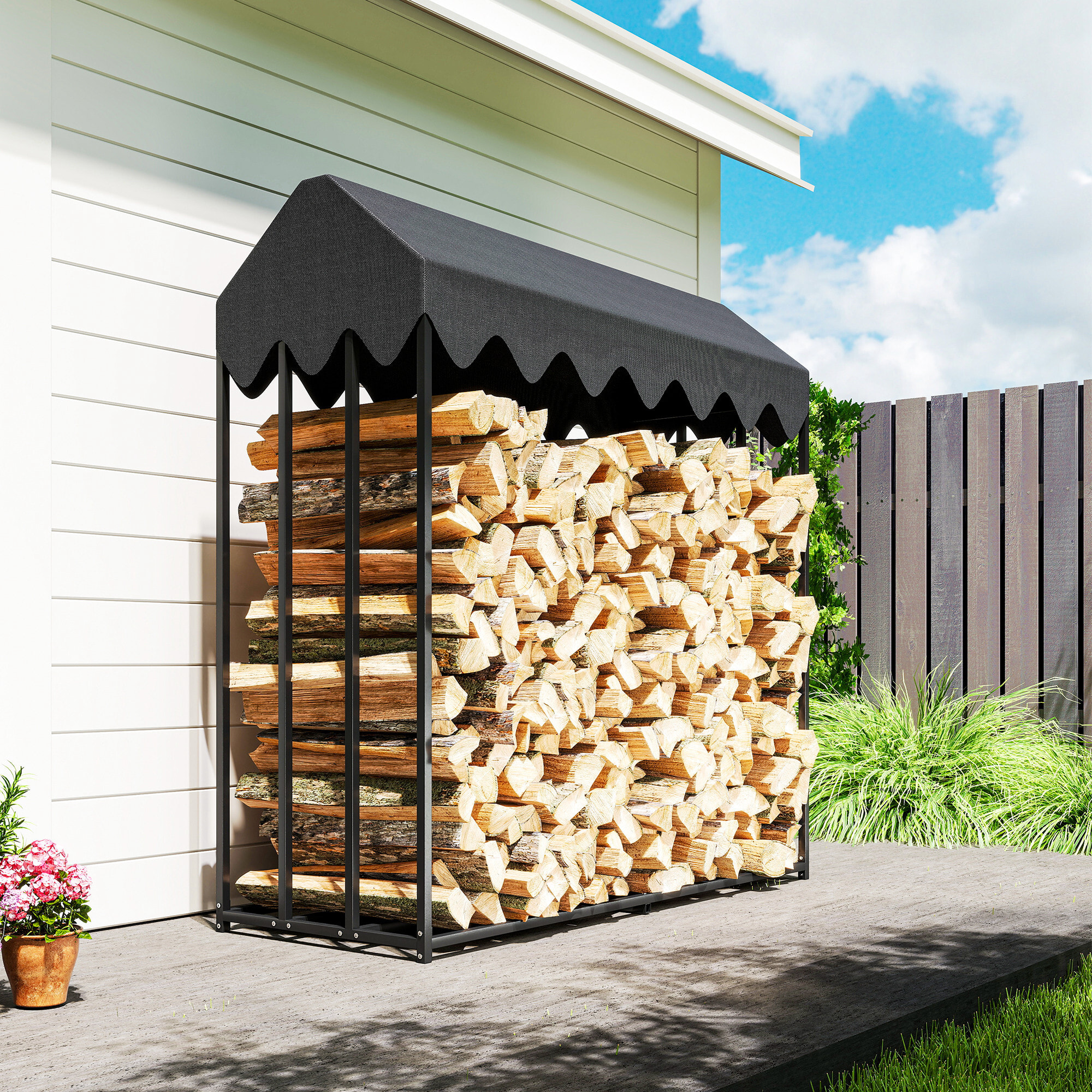 Estante de Leña Metálico, 186x70x185 cm, Leñero Exterior con Cubierta Impermeable 600D Oxford, Marco de Acero, Soporte para Leña de Chimenea, Carga 300 kg, para Jardín, Terraza