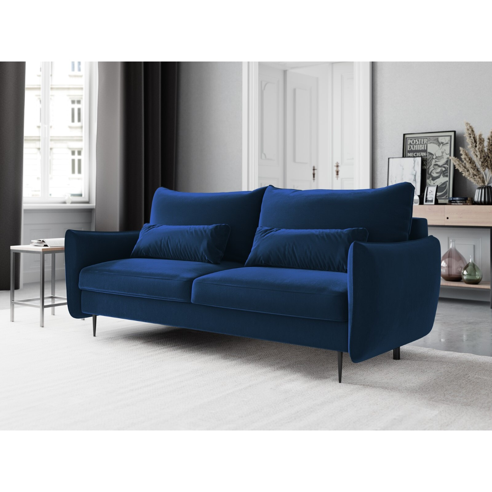 Canapé convertible avec coffre de rangement "Vermont" 3 places en velours bleu roi