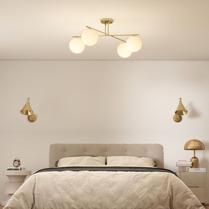 Plafonnier design doré dia. 75 cm 4 lampes boules verre dépoli blanc métal
