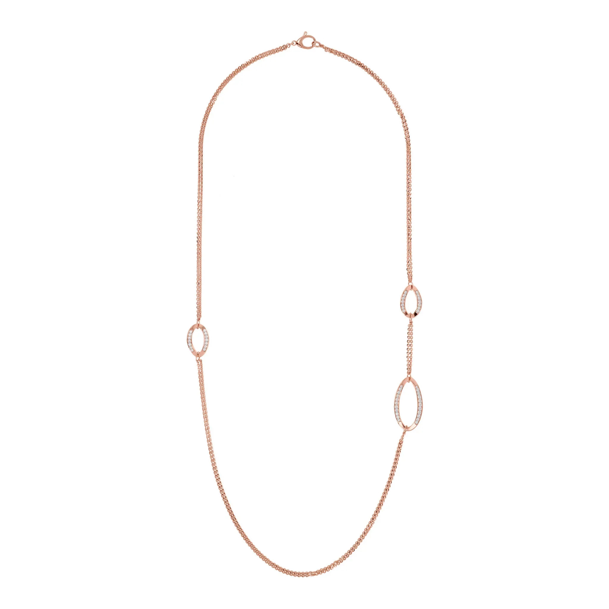 Collana Lunga Doppia Catena Rolo con Elementi Ovali Pavé in Cubic Zirconia