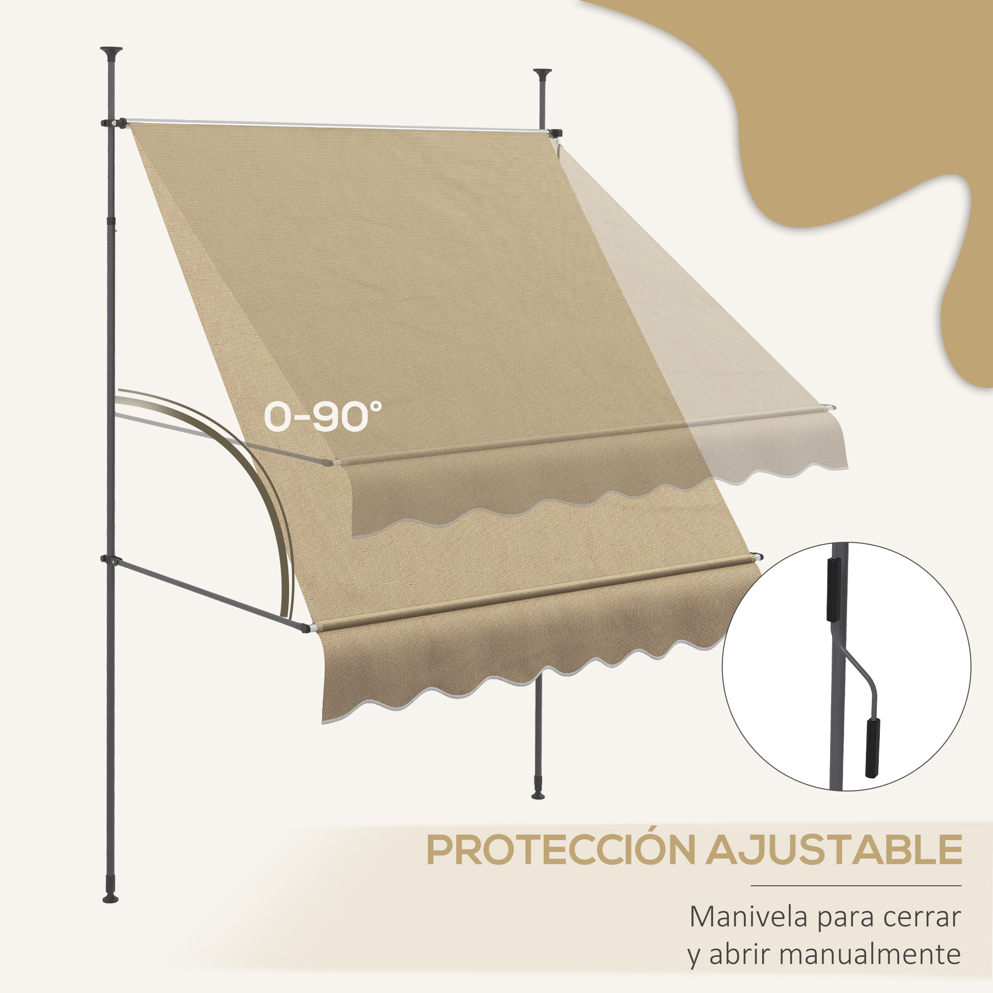 Toldo Manual Retráctil 2x1,2 m Toldo Exterior Terraza Enrollable Altura Ajustable con Manivela 210-300 cm Sin Taladro Protección UV30+ para Balcón Jardín Beige