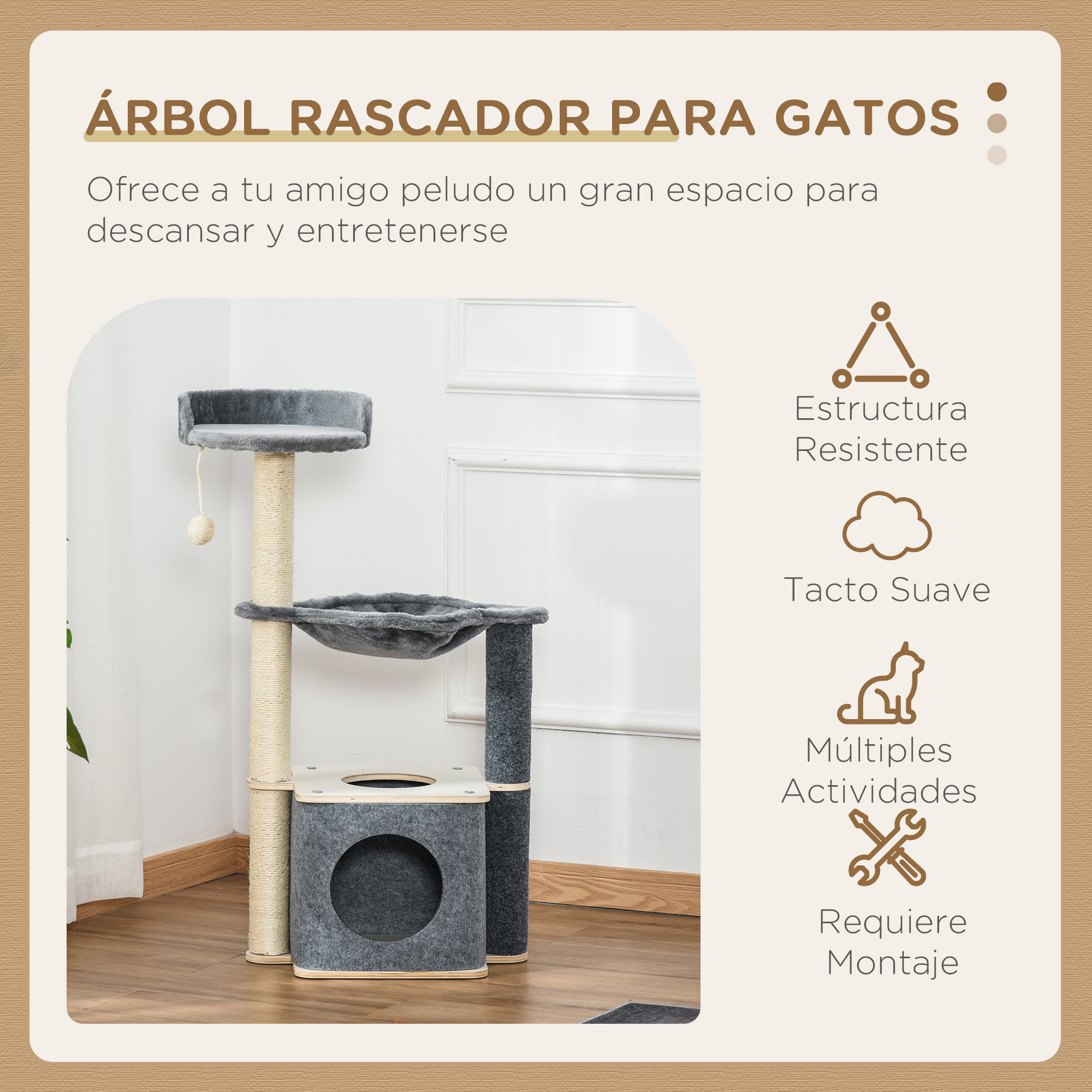 árbol Rascador de Gato 48x34x95cm con Hamaca Plataformas Cueva Poste para Rascar