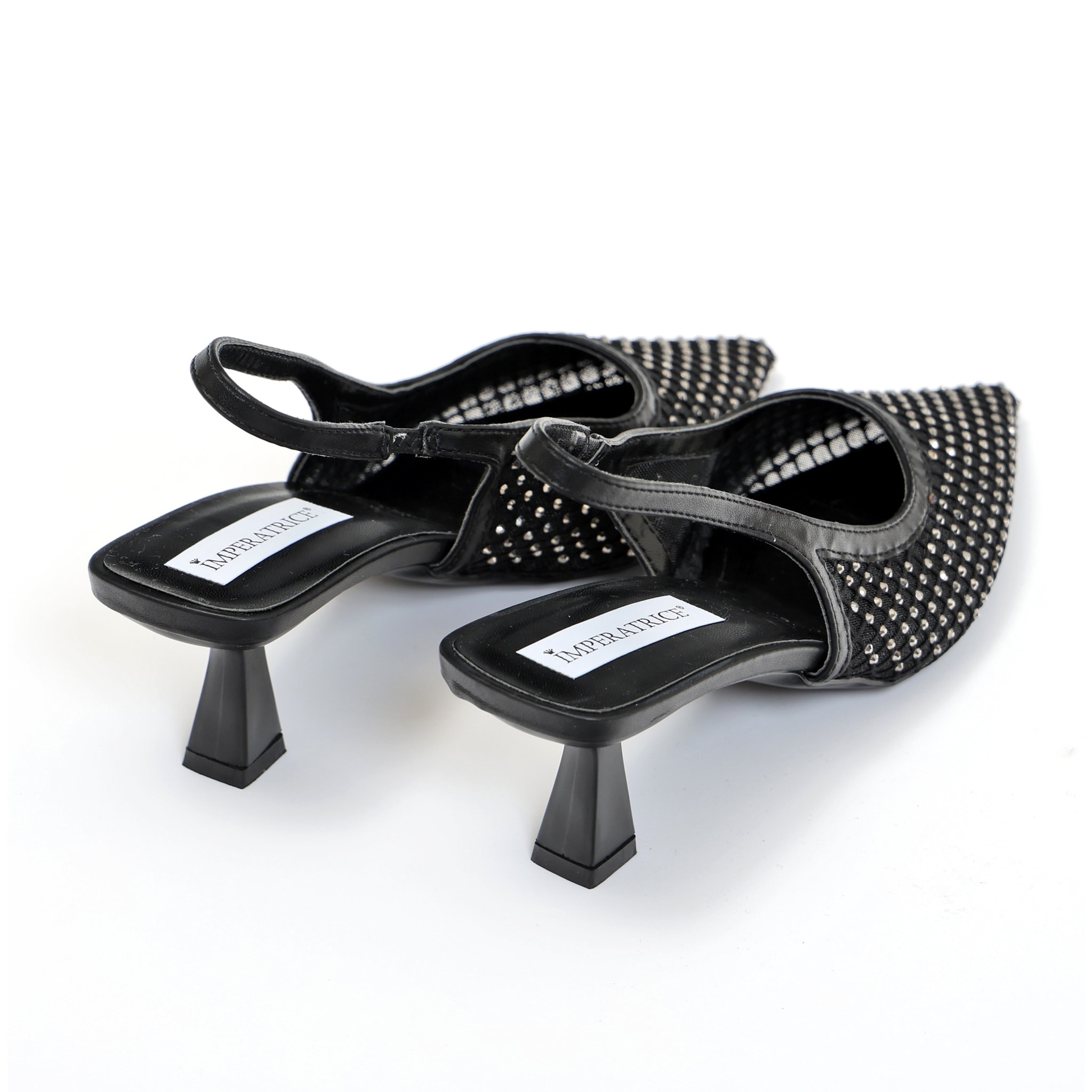 Dècolletè slingback con tacco a rocchetto in tessuto traforato con strass