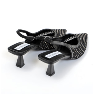 Dècolletè slingback con tacco a rocchetto in tessuto traforato con strass