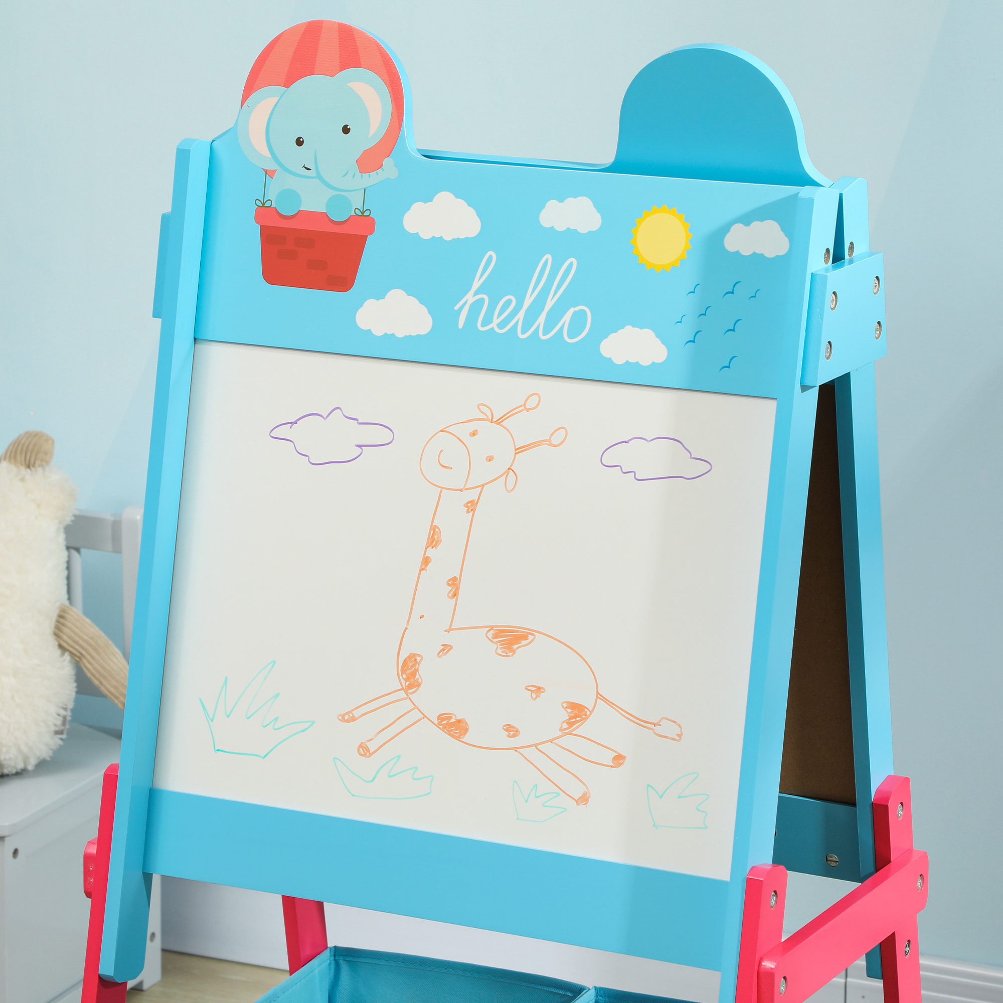 Pizarra Infantil Caballete 2 en 1 Pizarra Infantil de Doble Cara con 2 Cajas de Tela Caballete de Pintura para Niños con Estampado de Animales 53,5x49x113 cm Azul