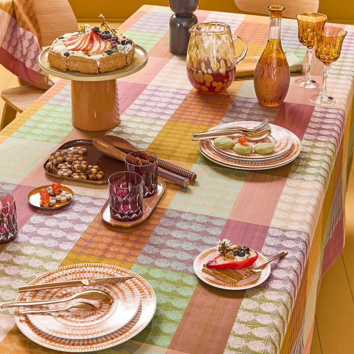 Nappe pur coton enduit motif jacquard vert orange Mille halos prunus