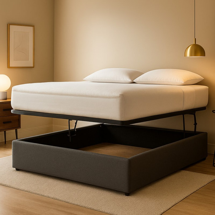 Lit coffre Parallèle | 3 Positions : Stocker, Faire Le lit, Repos | Espace de stockage jusqu'à 900 L | Tissu | Gris Foncé