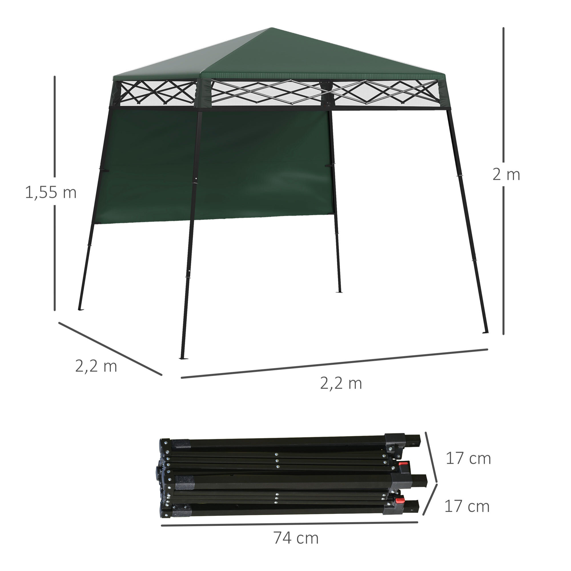 Carpa Plegable 220x220x200 cm Cenador Plegable con 1 Pared Lateral Bolsa de Transporte Impermeable y Protección UV50+ para Jardín Patio Verde
