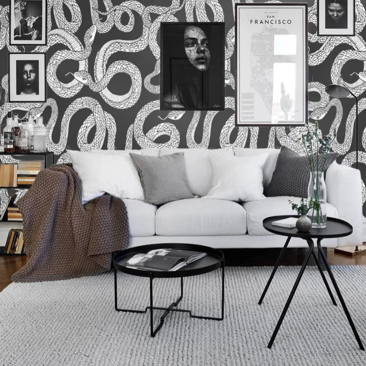 Carta da Parati Serpenti Bianca e Nera