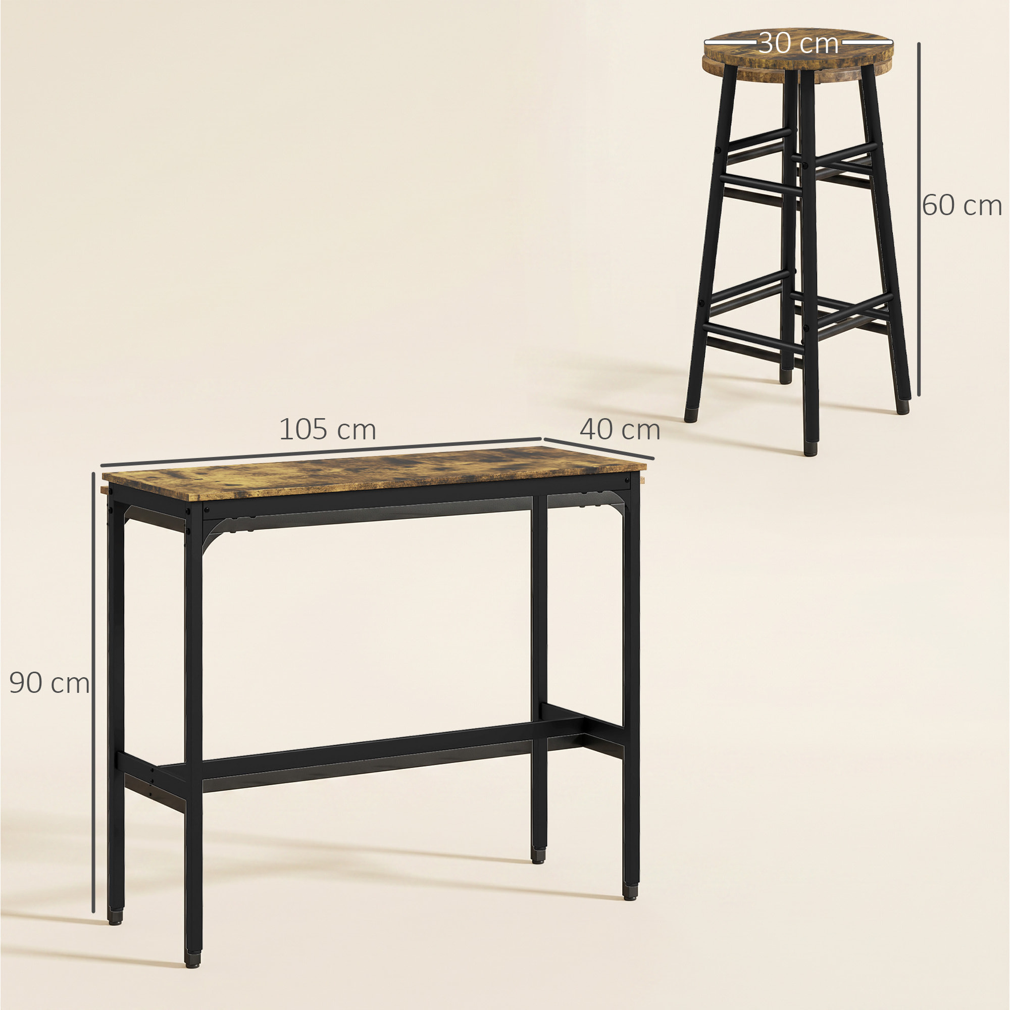 Conjunto Mesa Alta de Cocina con 2 Taburetes, Mesa Alta de Bar, Ahorro de Espacio, Marco de Acero, Estilo Industrial, para Comedor, Balcón o Isla Cocina, Marrón Rústico