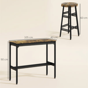 Conjunto Mesa Alta de Cocina con 2 Taburetes, Mesa Alta de Bar, Ahorro de Espacio, Marco de Acero, Estilo Industrial, para Comedor, Balcón o Isla Cocina, Marrón Rústico