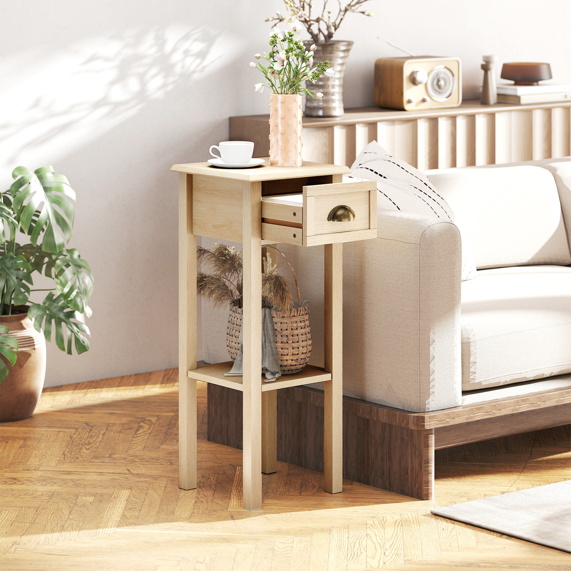 Mesa Auxiliar Rústica, Mesa Auxiliar para Sofá, con Cajón y Estante, Mesita de Noche para Salón, Dormitorio, 30x30x75 cm, Madera Natural