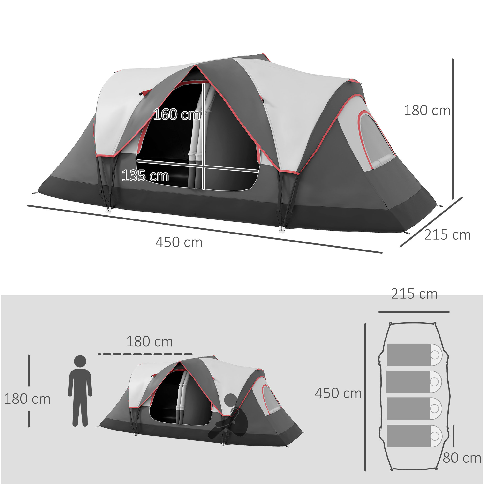 Tente de camping familiale 6-8 pers. double toit étanche 2 000 mm moustiquaire sac de tranport gris