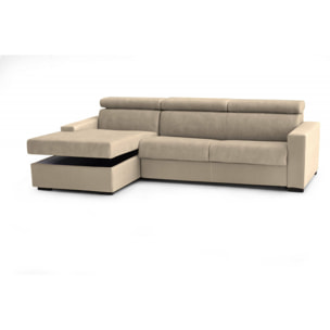 Divano Letto Alda, Divano ad angolo, 100% Made in Italy, Sofà con apertura girevole, con Penisola contenitore Sinistra, con Braccioli standard, Cm 280x95h85, Beige