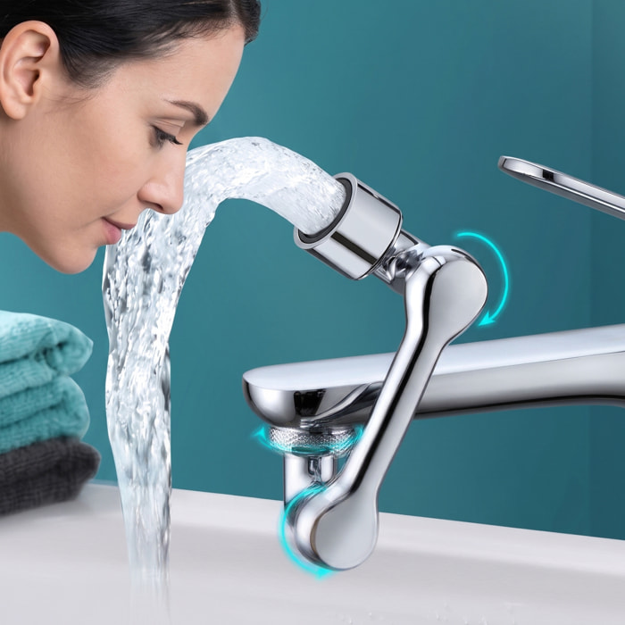 Extensor giratorio para grifo de cocina con aireador de flujo de burbujas, diseñado para mejorar la limpieza, ahorrar agua y reducir salpicaduras.