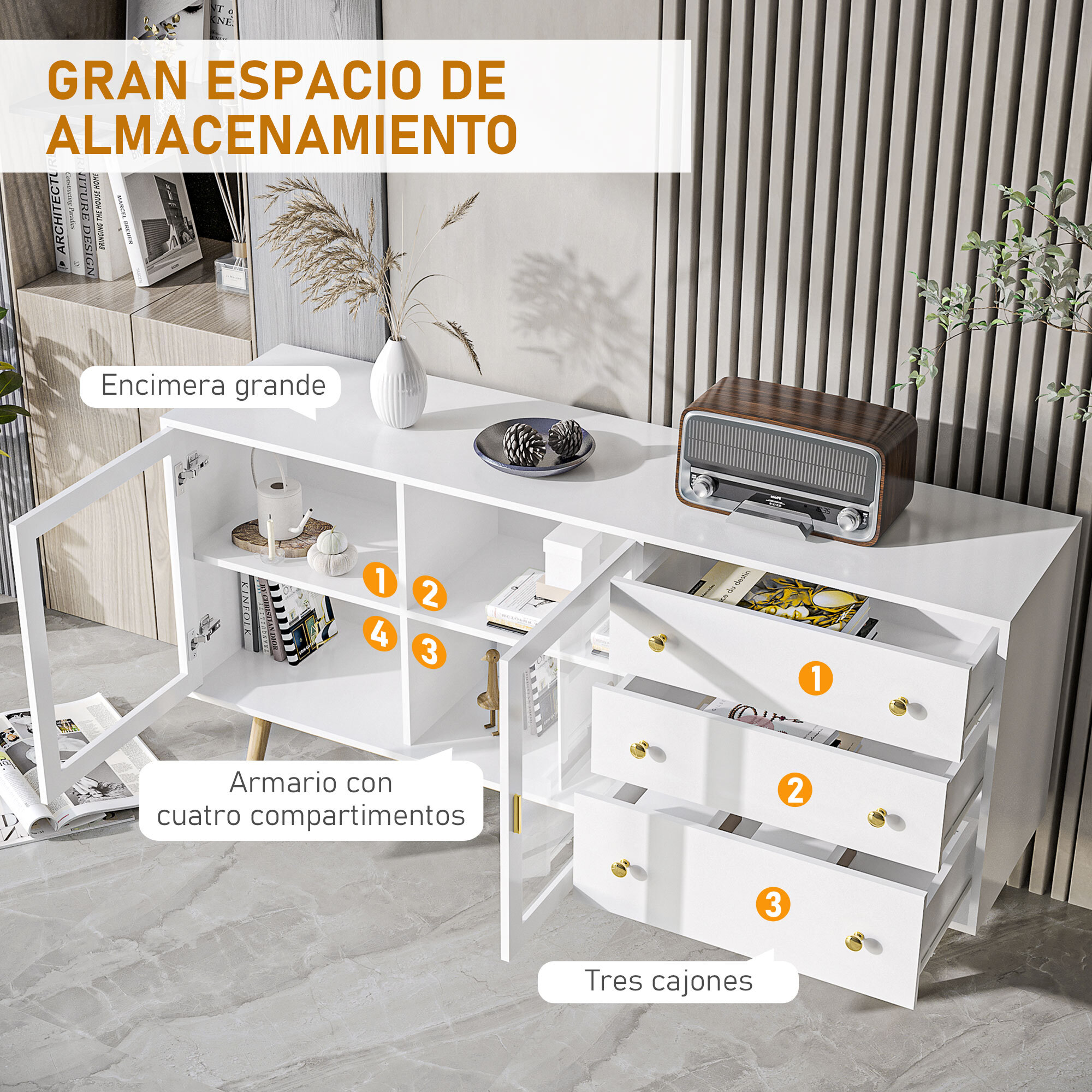 Aparador de Cocina Moderno Aparador de Salón Mueble Vitrina con 2 Puertas de Vidrio 3 Cajones y Patas de Madera de Caucho para Comedor 160x40x80 cm Blanco